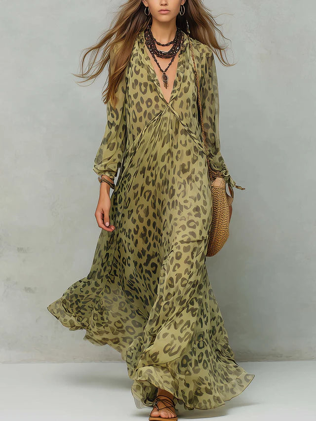 Marella Green Leopard V-Neck Maxi Dress