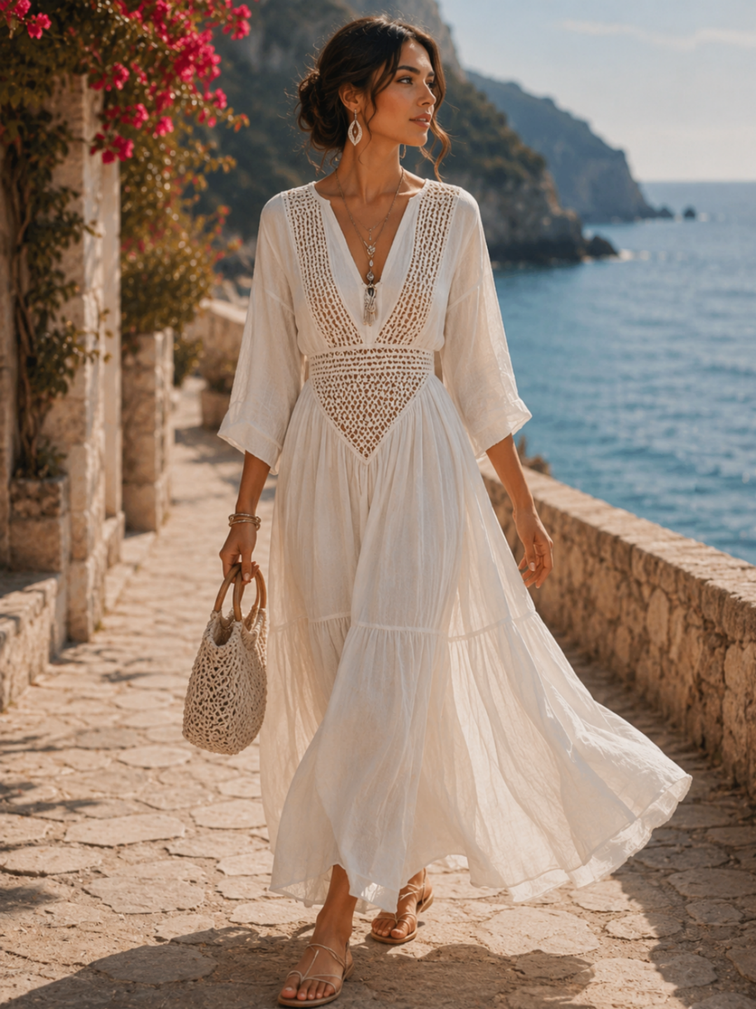 Soleil White Crochet-Inset Bell-Sleeve Maxi Dress