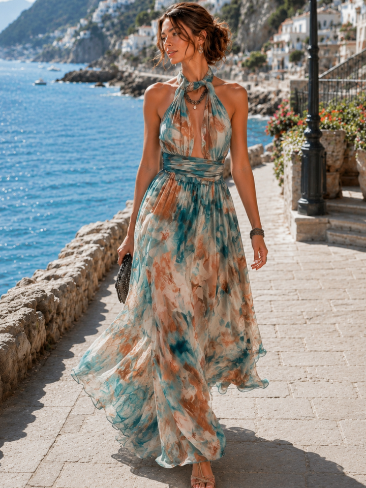 Oceana Teal Watercolor Halter Maxi Dress