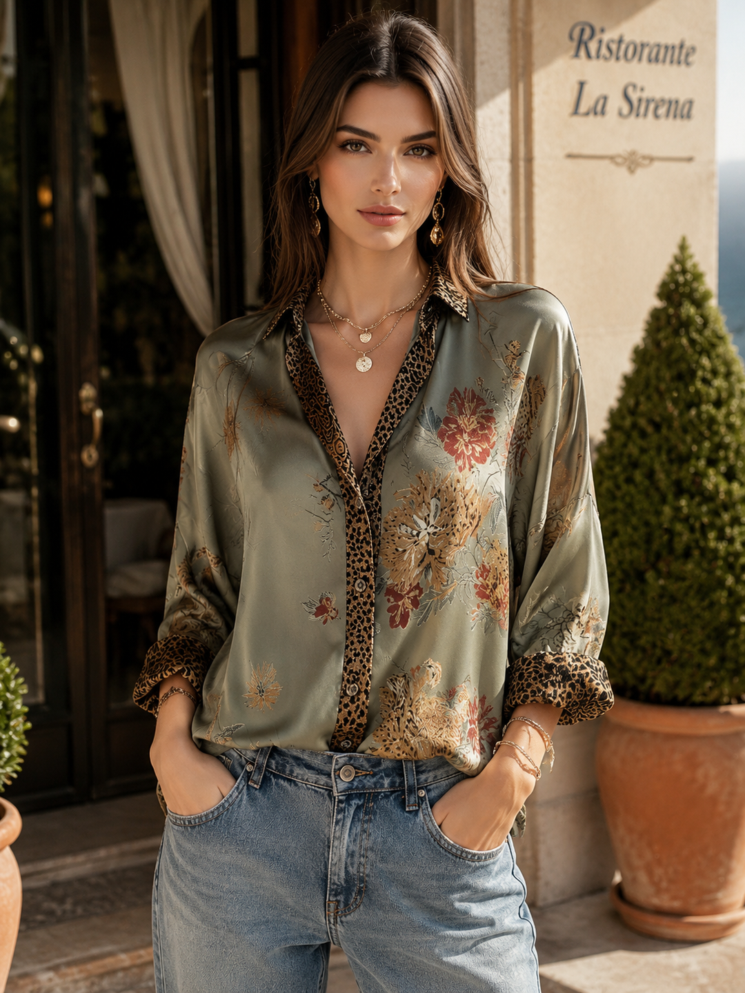 Adriana Sage Floral Satin Resort Blouse
