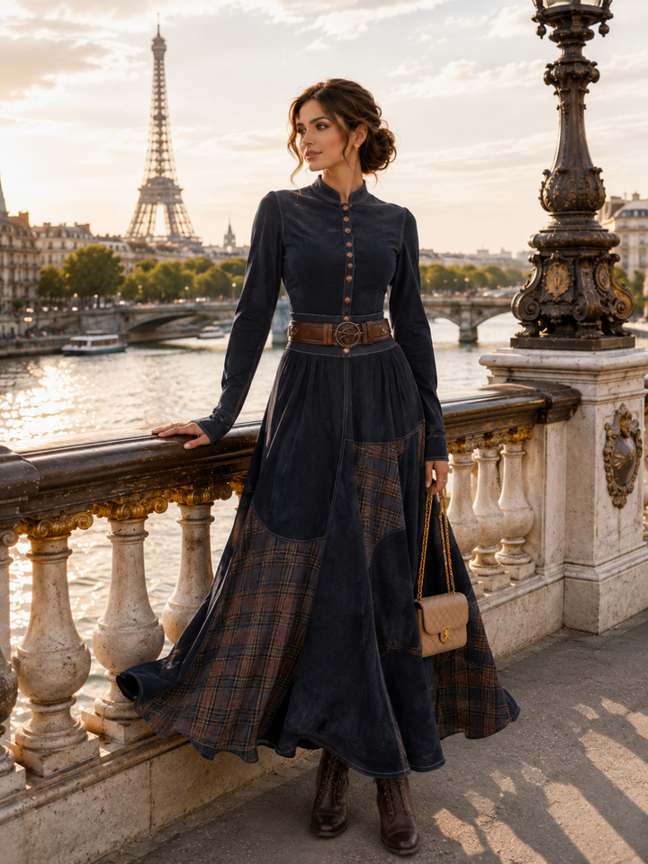 Noa Navy Plaid-Panel Button Maxi Dress