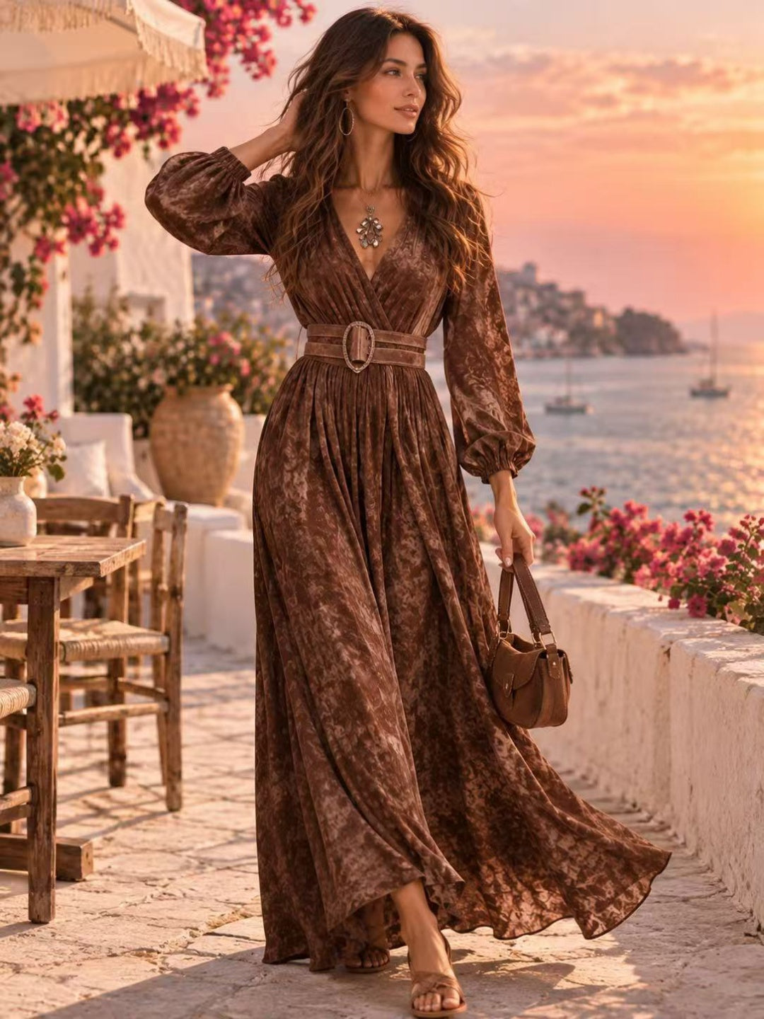 Valentina Cocoa Velvet-Look Belted Maxi Dress
