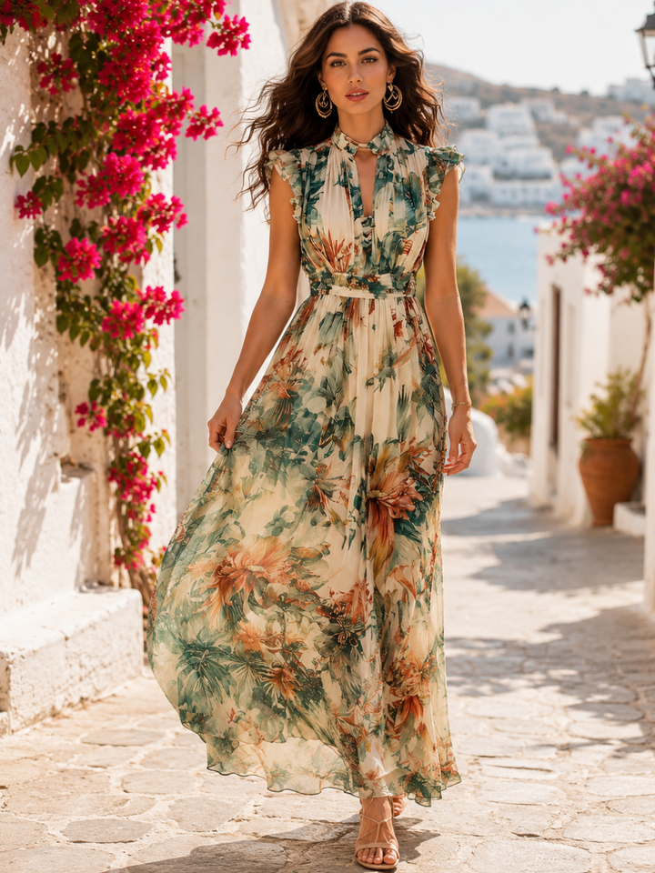 Flora Ivory Green Botanical Cap-Sleeve Maxi Dress