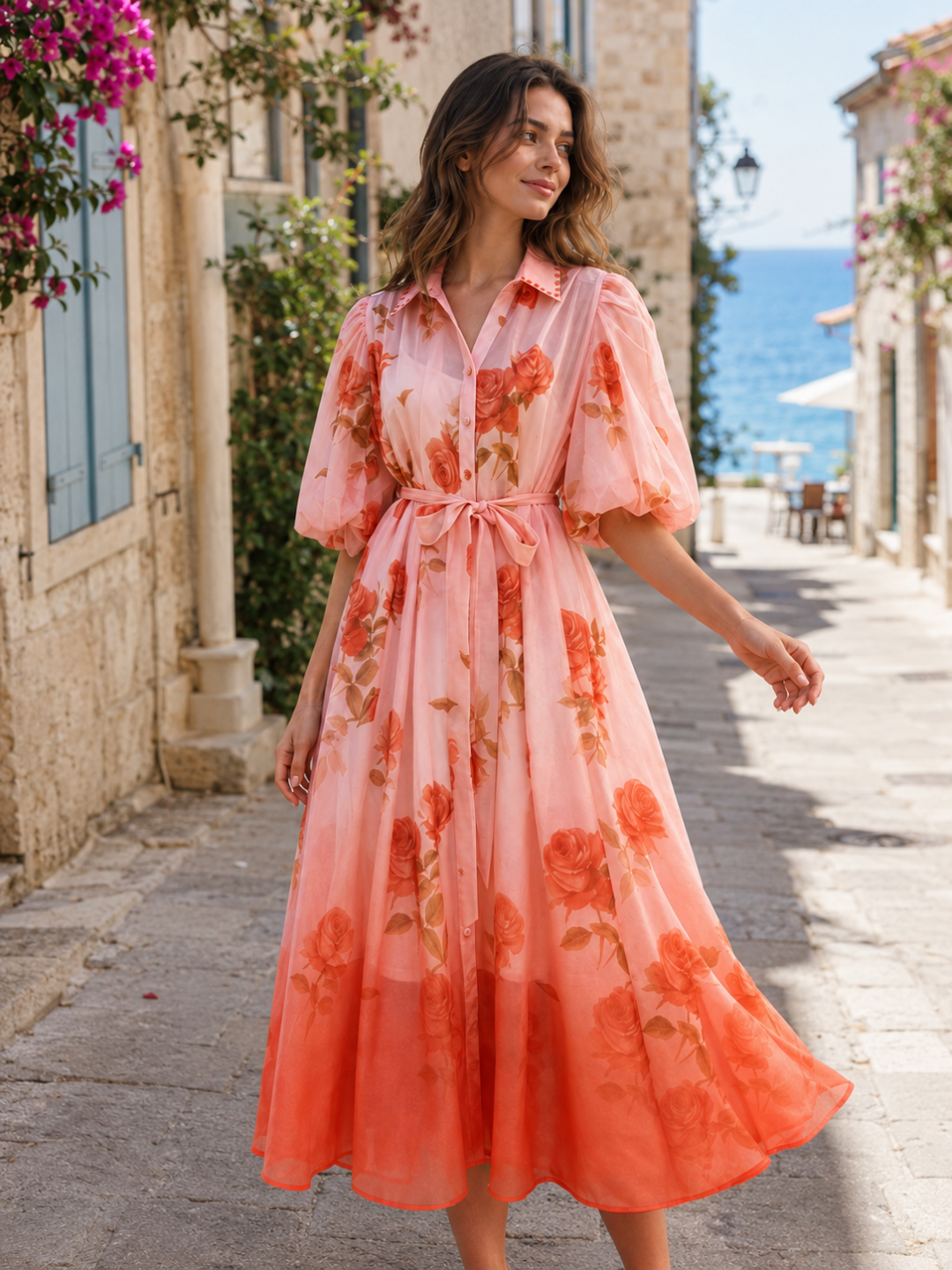 Soleil Floral Puff-Sleeve Midi Dress