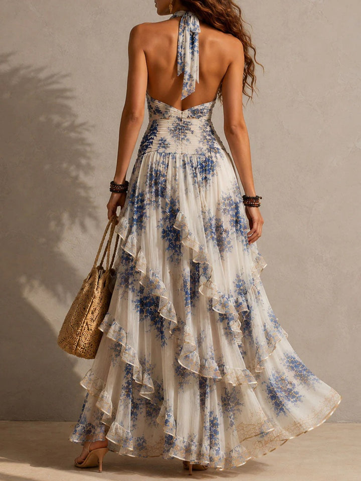 Isola Ivory Blue Floral Tiered Maxi Dress