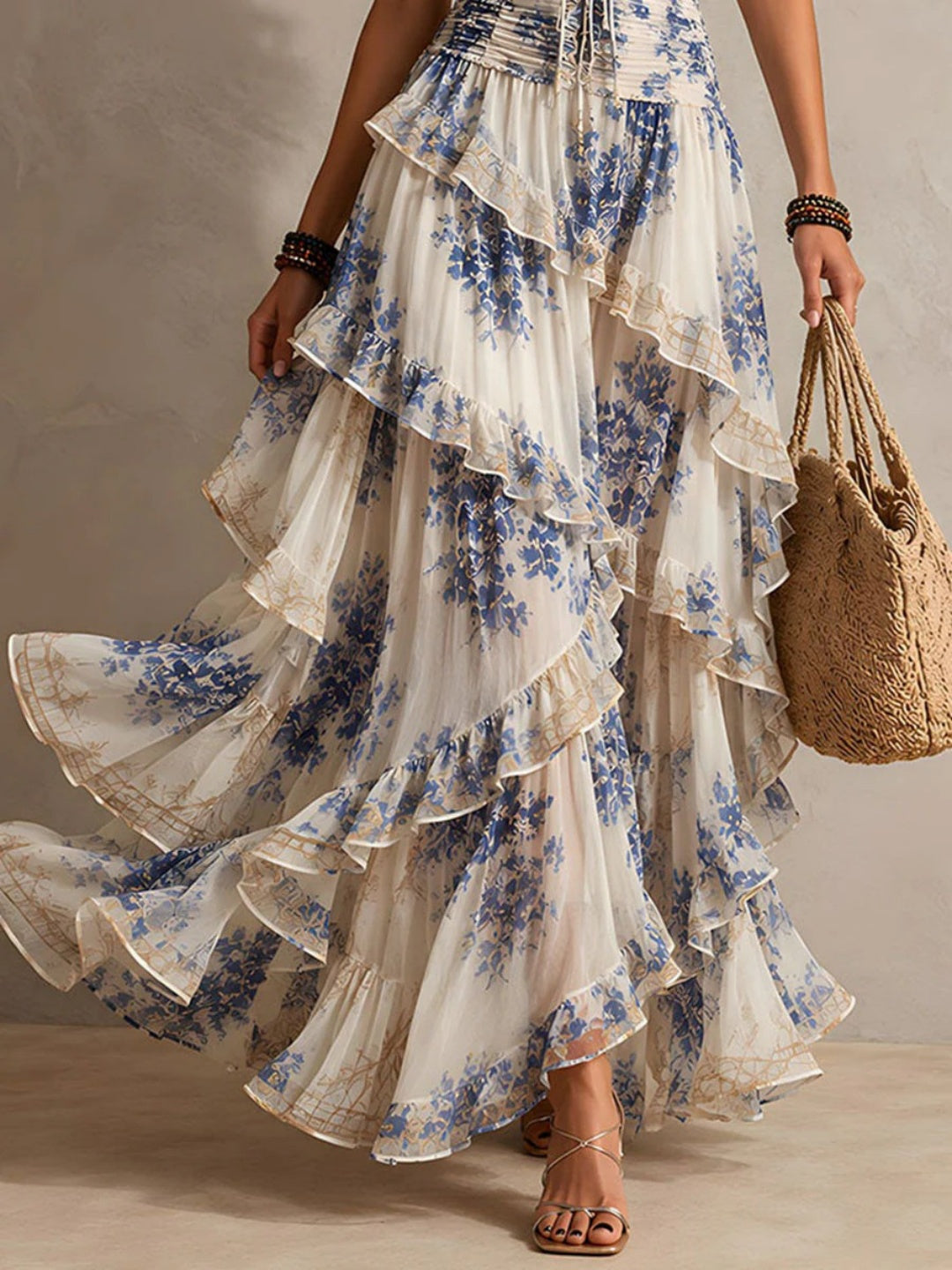 Isola Ivory Blue Floral Tiered Maxi Dress