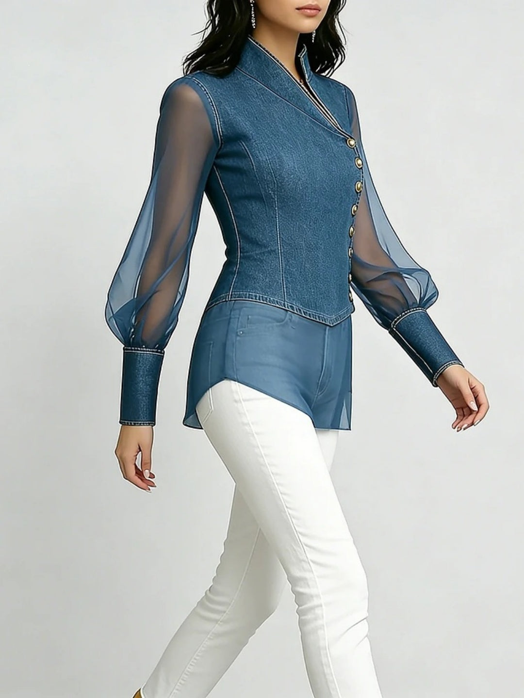 Black Sheer-Sleeve Button Blouse