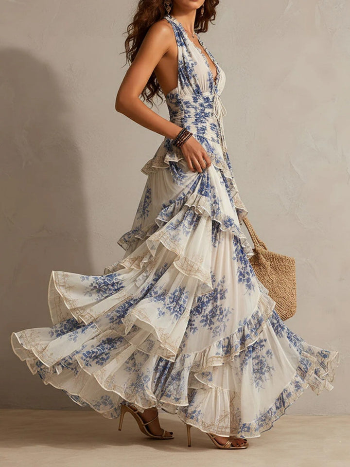 Isola Ivory Blue Floral Tiered Maxi Dress