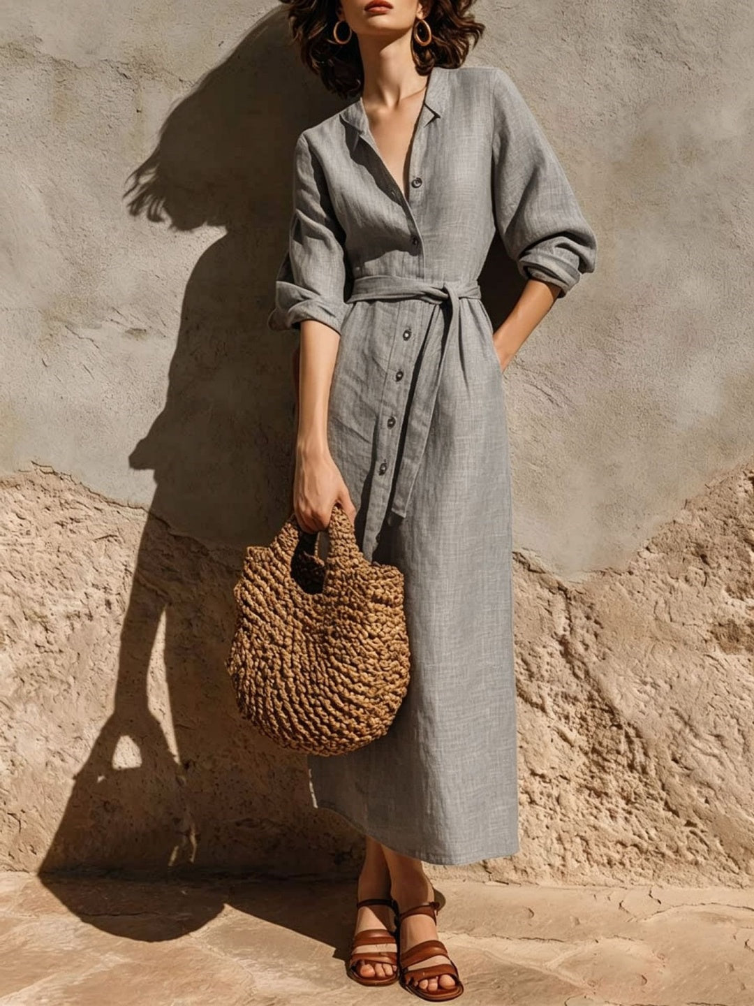 Mara Rust Button-Front Belted Maxi Dress