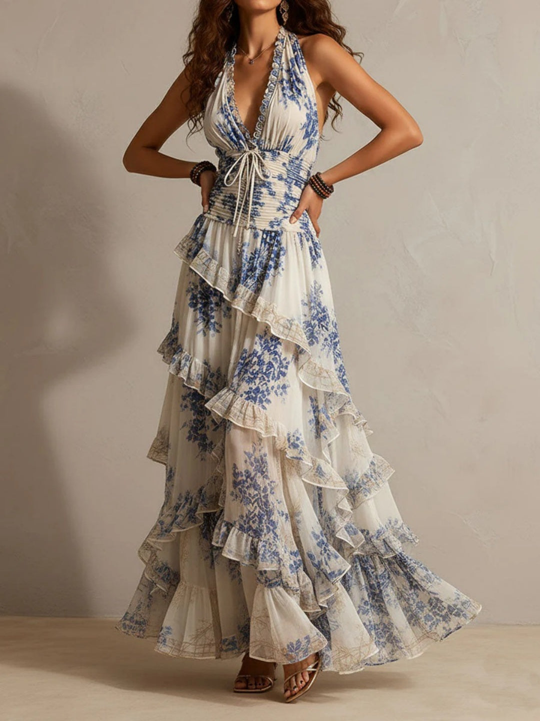 Isola Ivory Blue Floral Tiered Maxi Dress